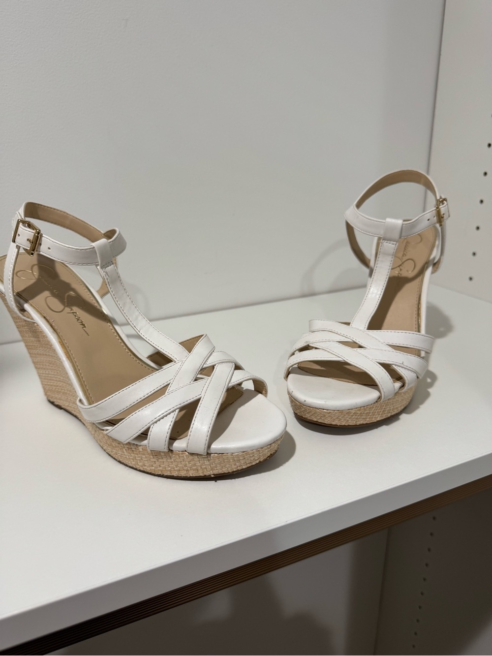 Jessica Simpson White Leather Espadrille Wedge Sandals